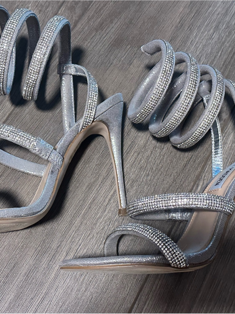 Steve Madden Silver Rhinestone Spiral Strap Stilettos